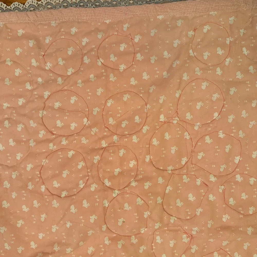 1.a.0.0.7.d Handmade Baby Quilt Pink Elephant Fox Butterfly Patchwork Lace Trim